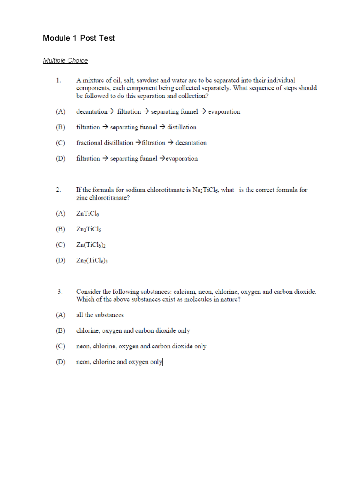 Module 1 Quiz - Module 1 Post Test Multiple Choice 4. 5. 9. 10. 11. 12 ...