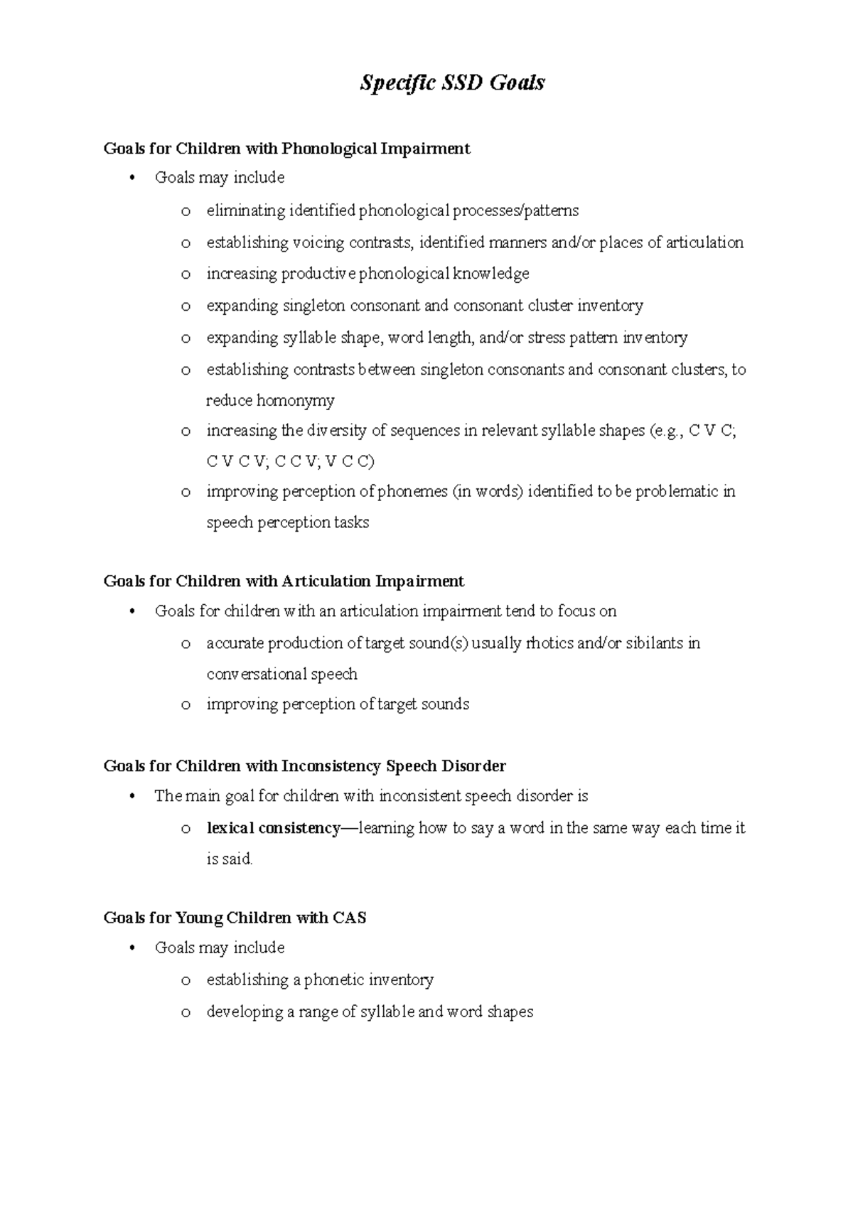 Specific SSD Goals - Goals for Children with Phonological Impairment ...