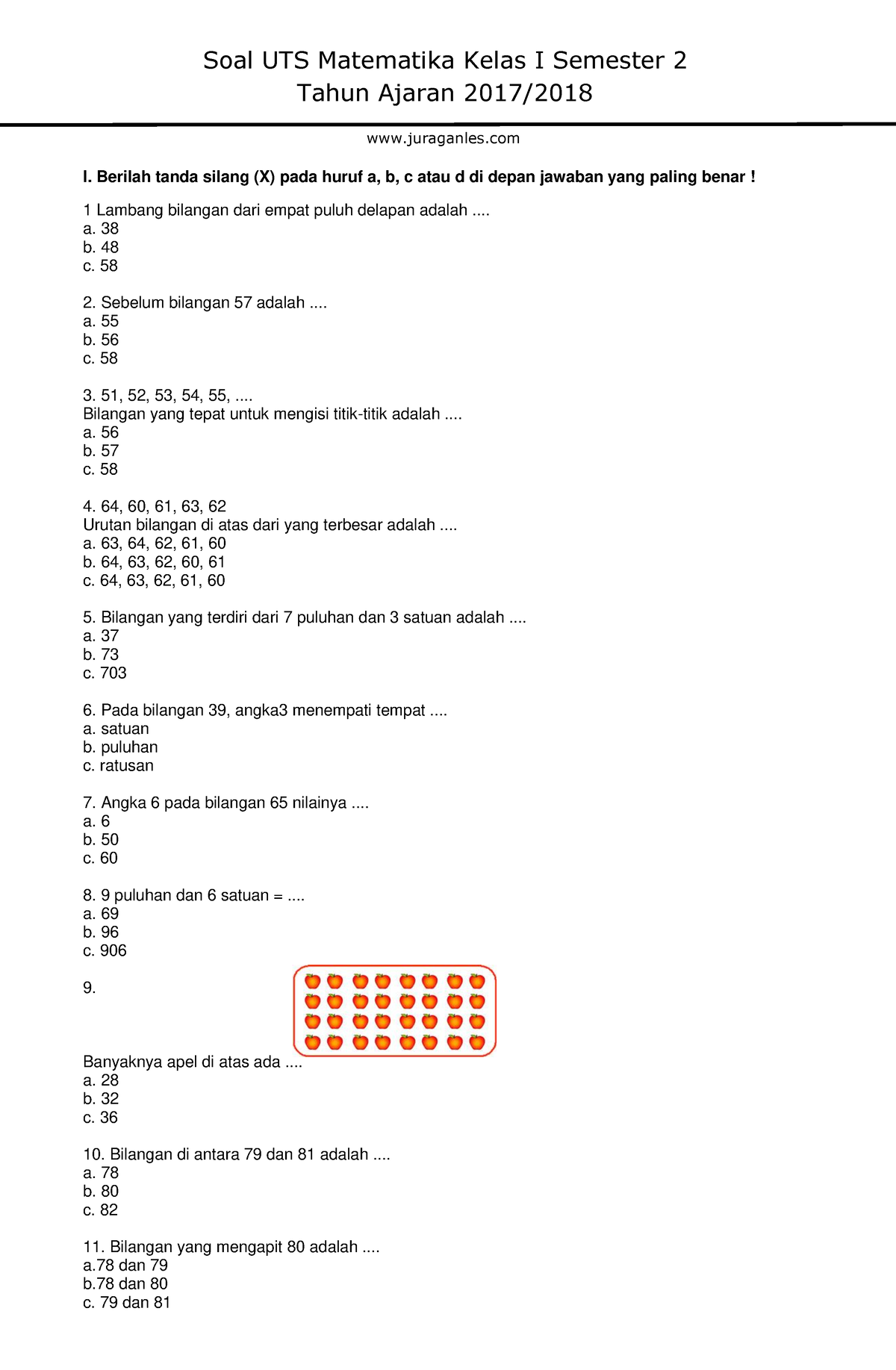 Soal UTS Matematika Kelas 1 Semester 2 - I. Berilah Tanda Silang (X ...