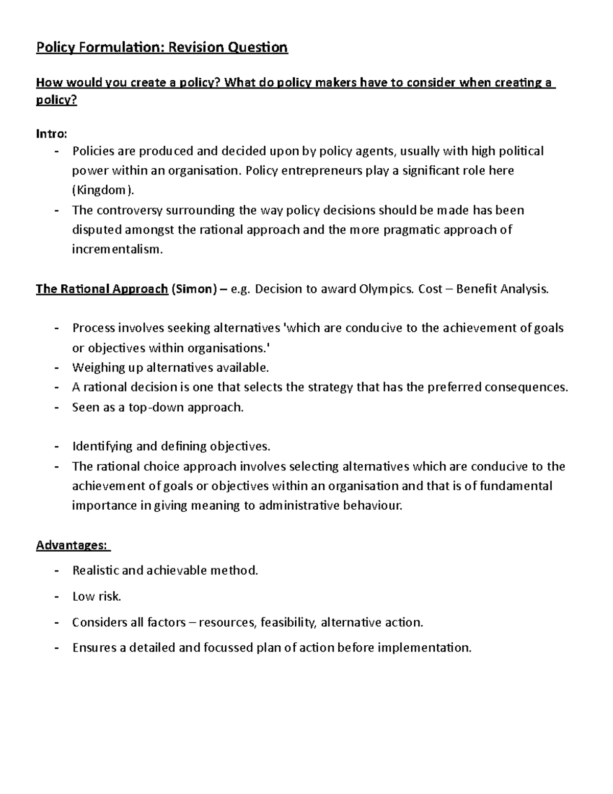 Policy Formulation Revision Policy Formulation Revision Question