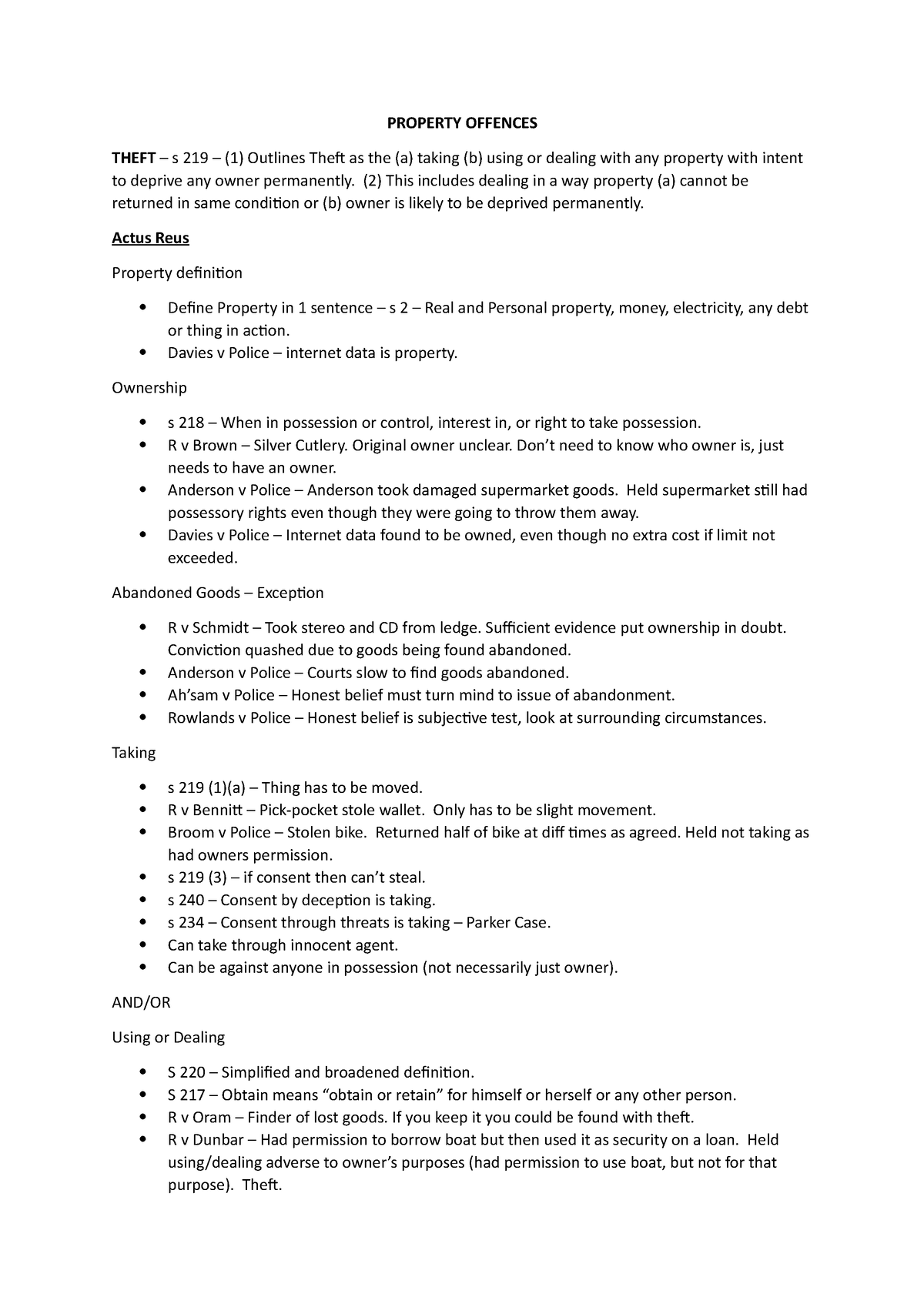 Property Offences Model Answer - PROPERTY OFFENCES THEFT – s 219 – (1 ...