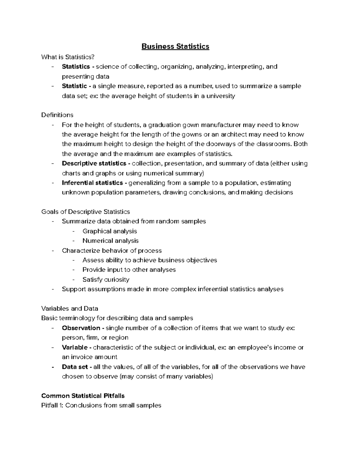 Unit 1 - Unit 1 Lecture Notes - Business Statistics What Is Statistics ...