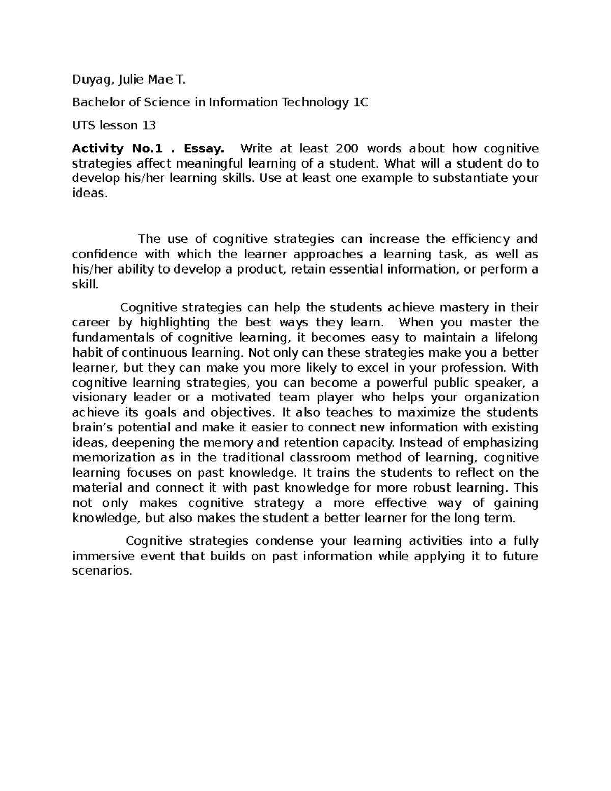 UTS lesson 13 - Docs - Duyag, Julie Mae T. Bachelor of Science in ...