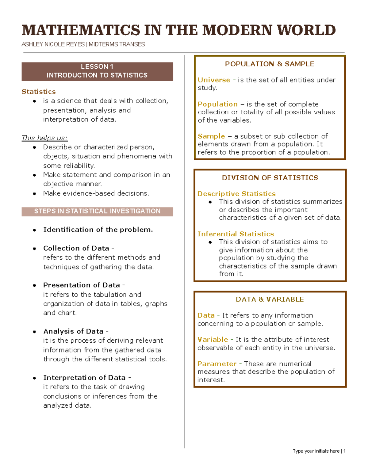 MATM Transes 1 Stmidterms - MATHEMATICS IN THE MODERN WORLD ASHLEY ...