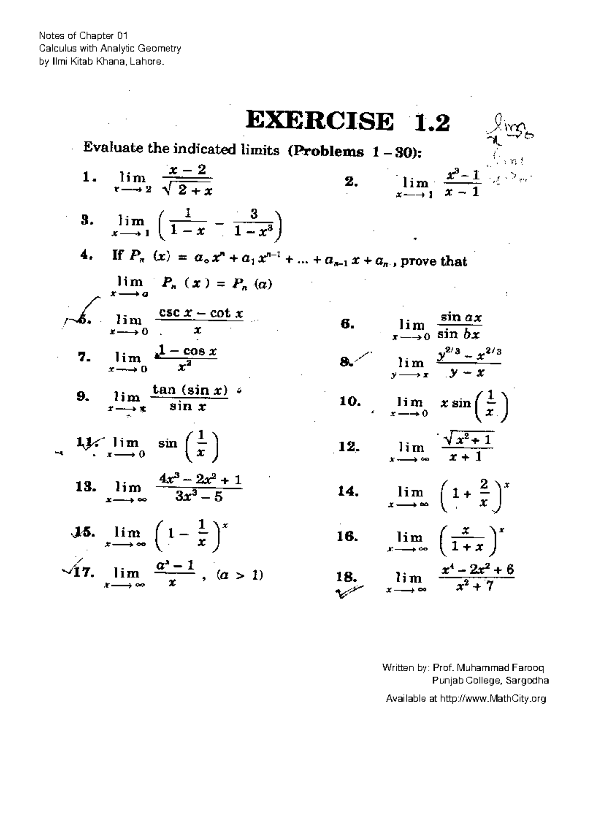 Chap 01 Solutions Ex 1 2 Calculus - EXERCISE 1 /Q(`fY ,WL- Evaluatethe ...