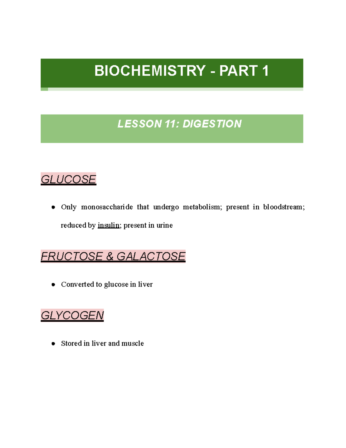 Biochemistry - PART 1 - BIOCHEMISTRY - PART 1 LESSON 11: DIGESTION ...