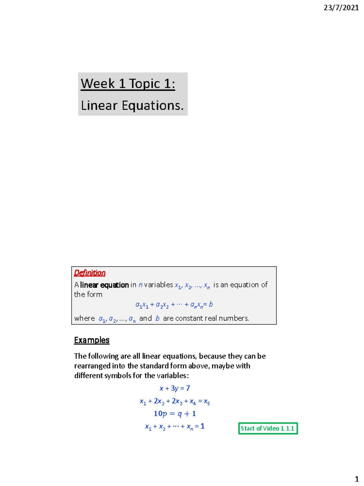 Week 1 Version 1 PDF Week 1 Topic 1 Linear Equations. Definition