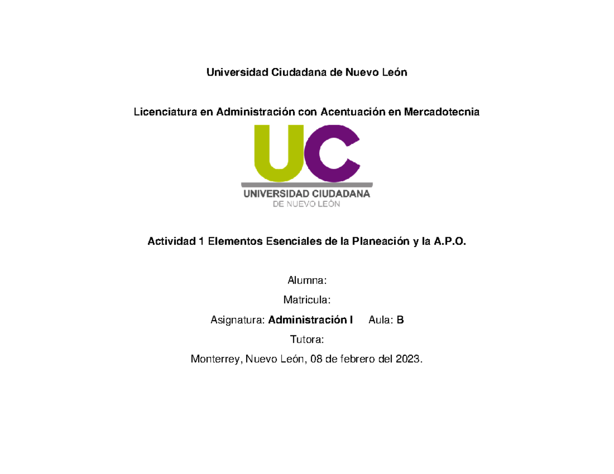 Administracion I Actividad 1 Elementos Esenciales de la Planeación y la ...
