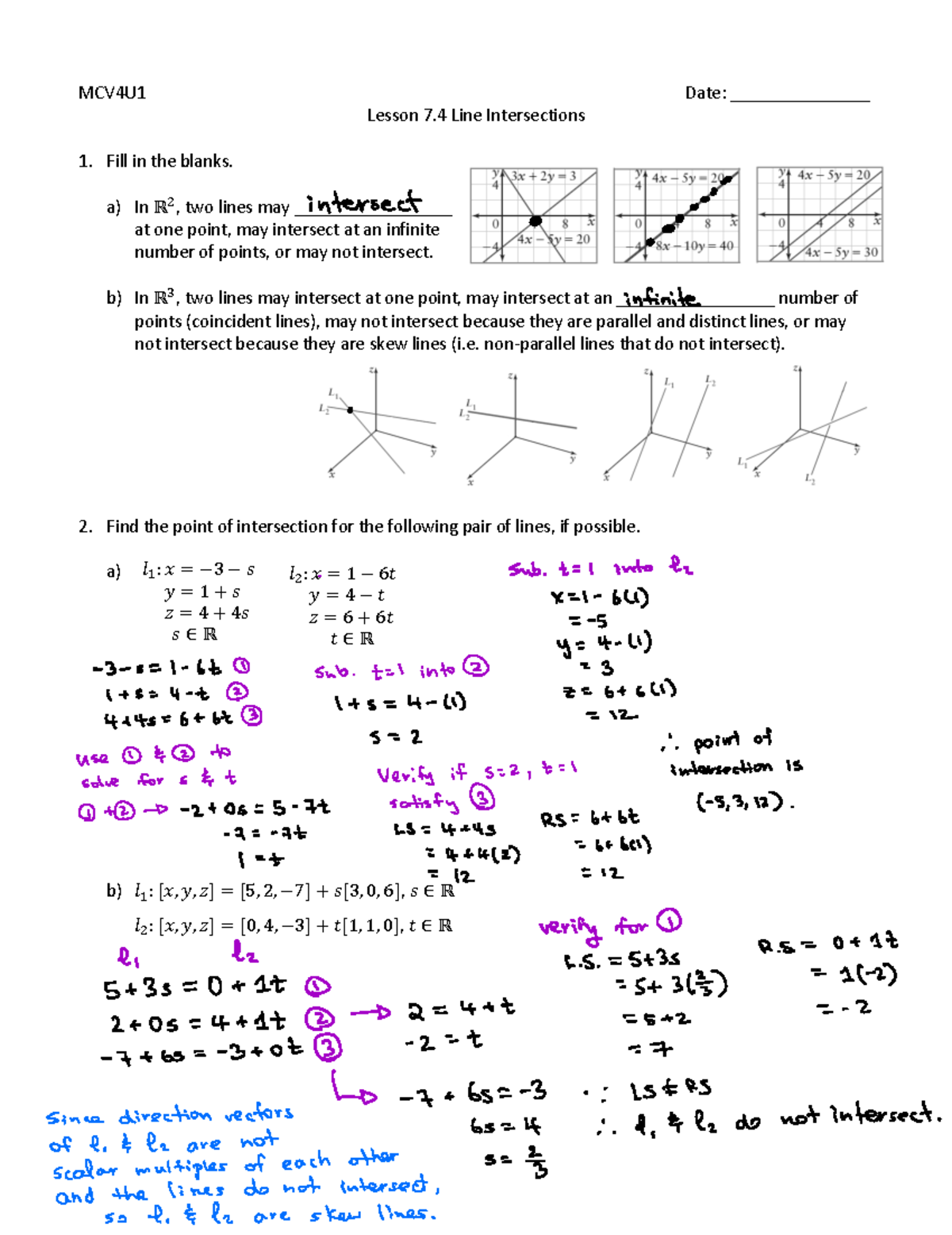 Lesson 7.4 Line Intersections P2 - Mcv4u1 Date:                 Lesson 