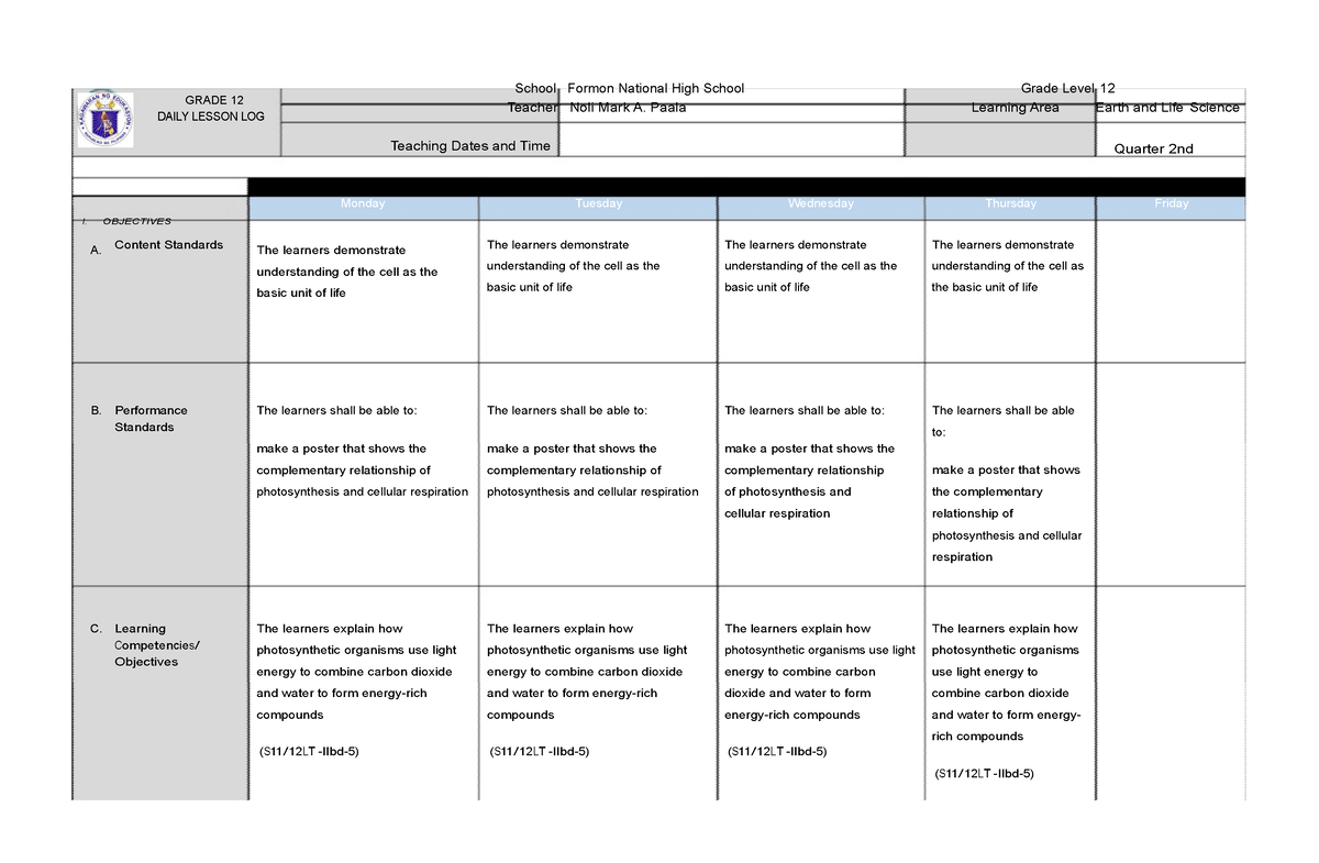 Dll science - DLL - GRADE 12 DAILY LESSON LOG School Formon National ...