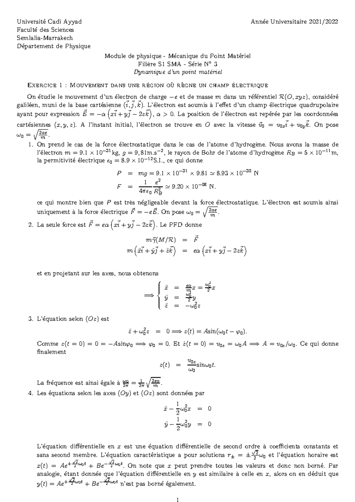 Sol3 - Module de physique - M´ecanique du Point Mat´eriel Fili`ere S1 ...