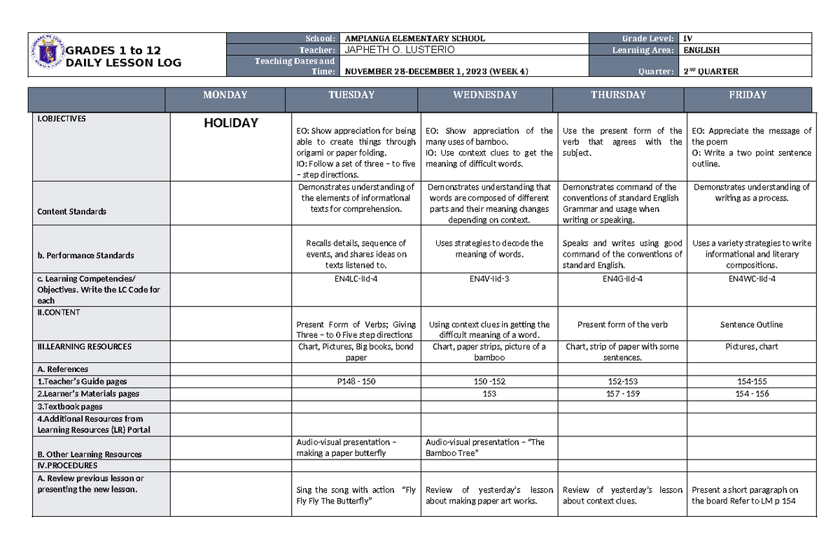 DLL English 4 Q2 W4 - wewe - GRADES 1 to 12 DAILY LESSON LOG School ...