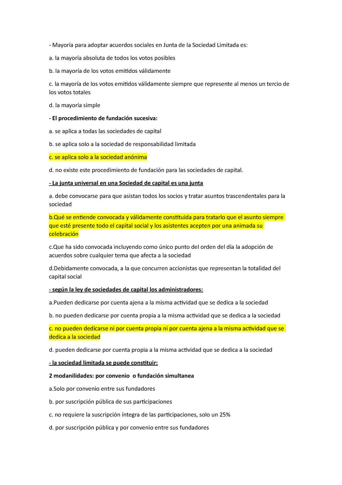 Preguntas Tipo Test Mercantil Mayor A Para Adoptar Acuerdos Sociales En Junta De La Sociedad