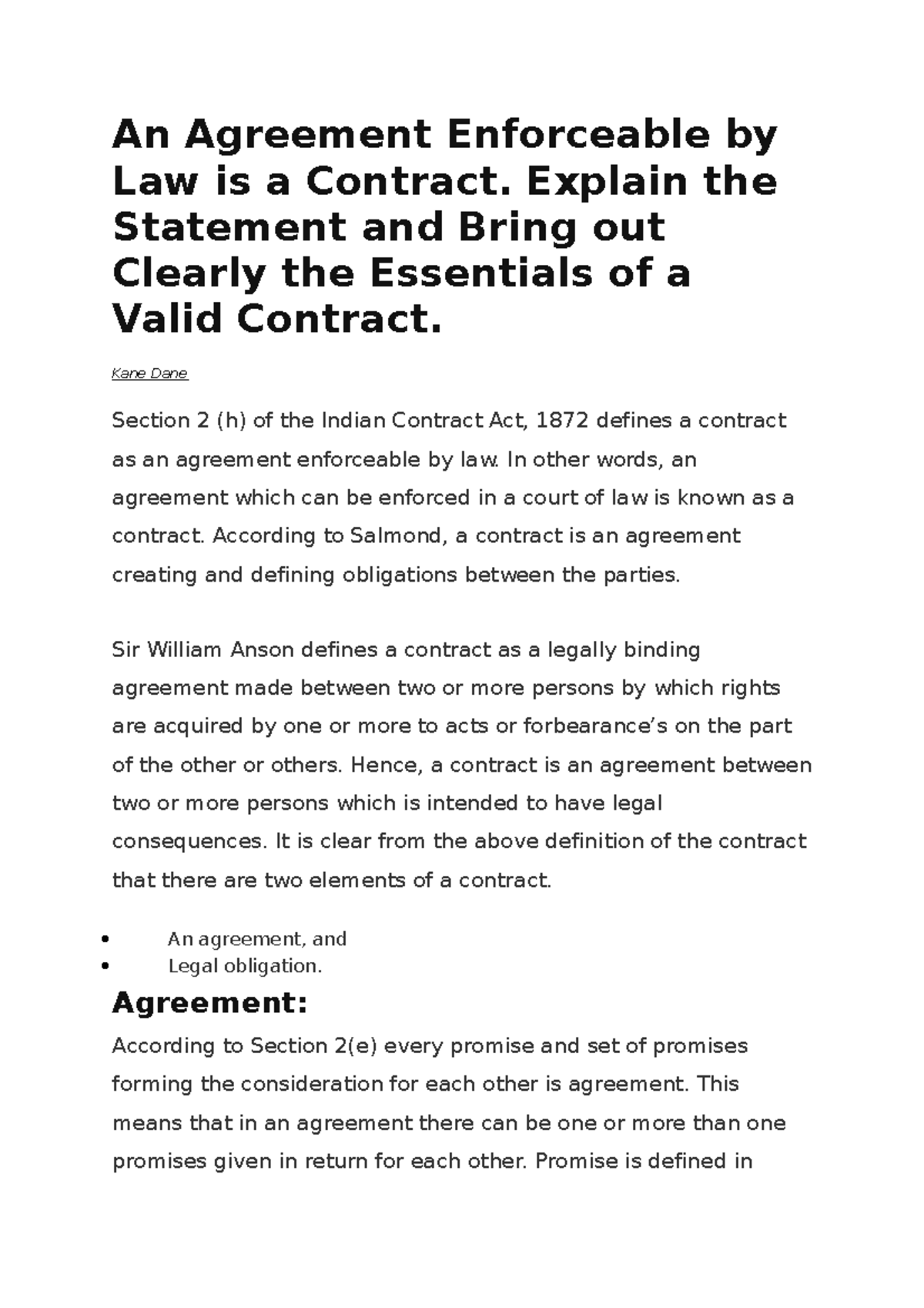 An Agreement Enforceable by Law is a Contract - Explain the Statement ...