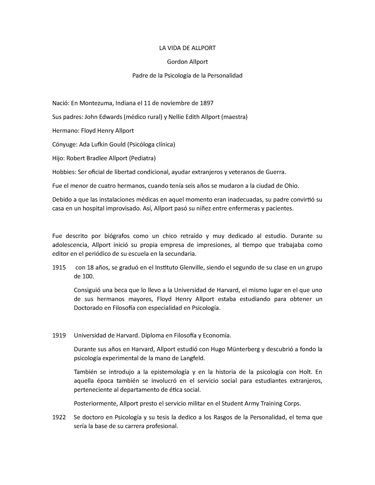 Biografia Gordon Allport Teoria DE LA Personalidad - LA VIDA DE ALLPORT  Gordon Allport Padre de la - Studocu