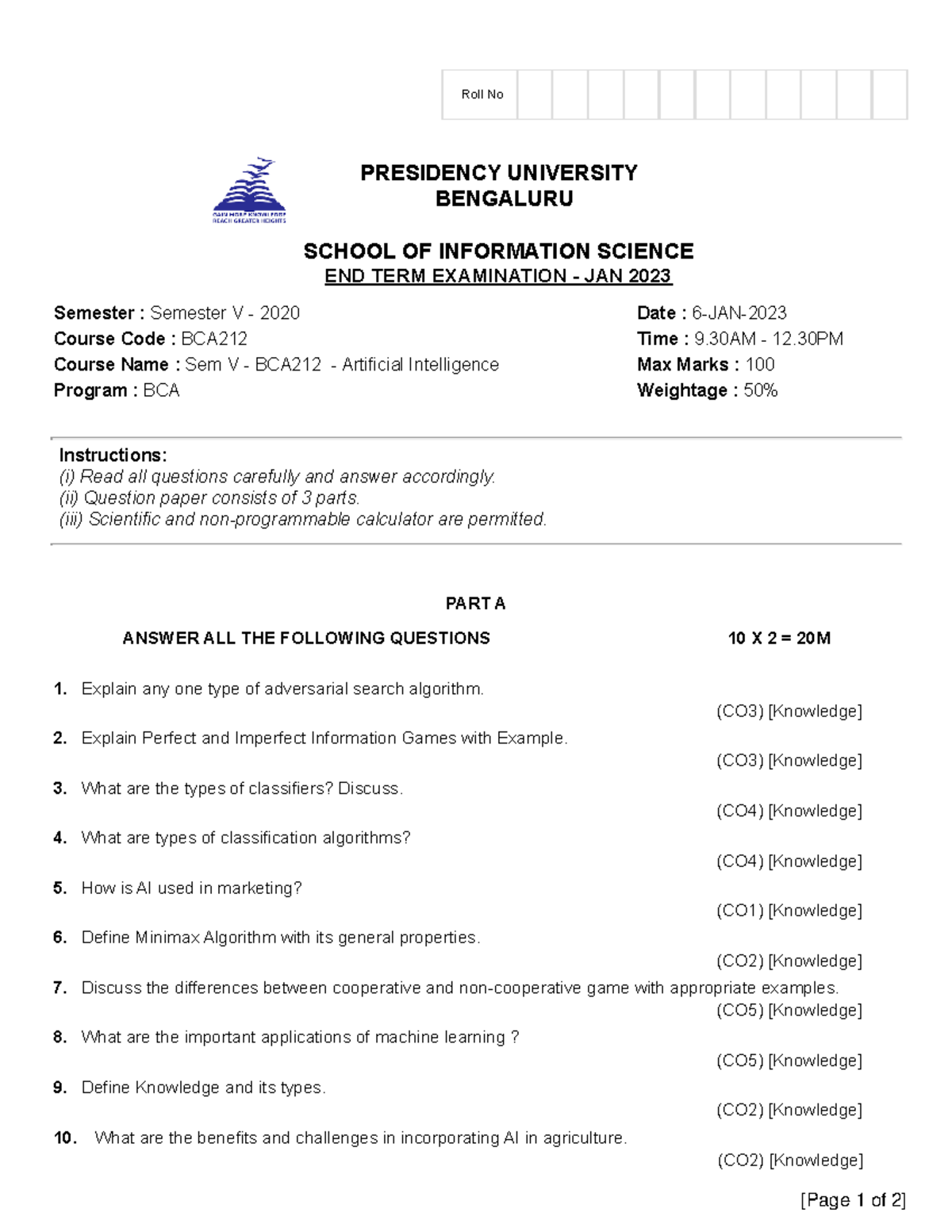 BCA212 - (ii) Question paper consists of 3 parts. (iii) Scientific and ...