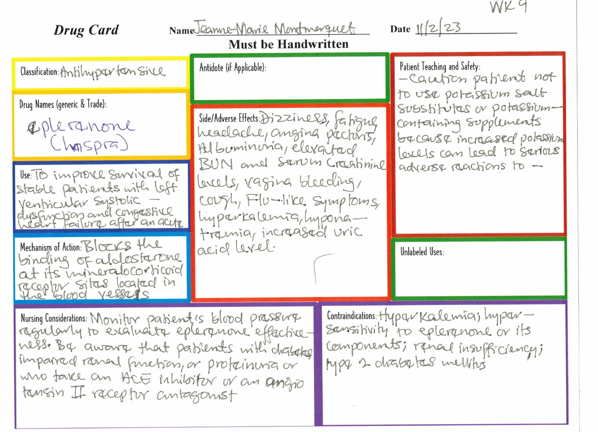 Pharmacology - Week 9: Drug Card 3 - NSG 124 - Studocu