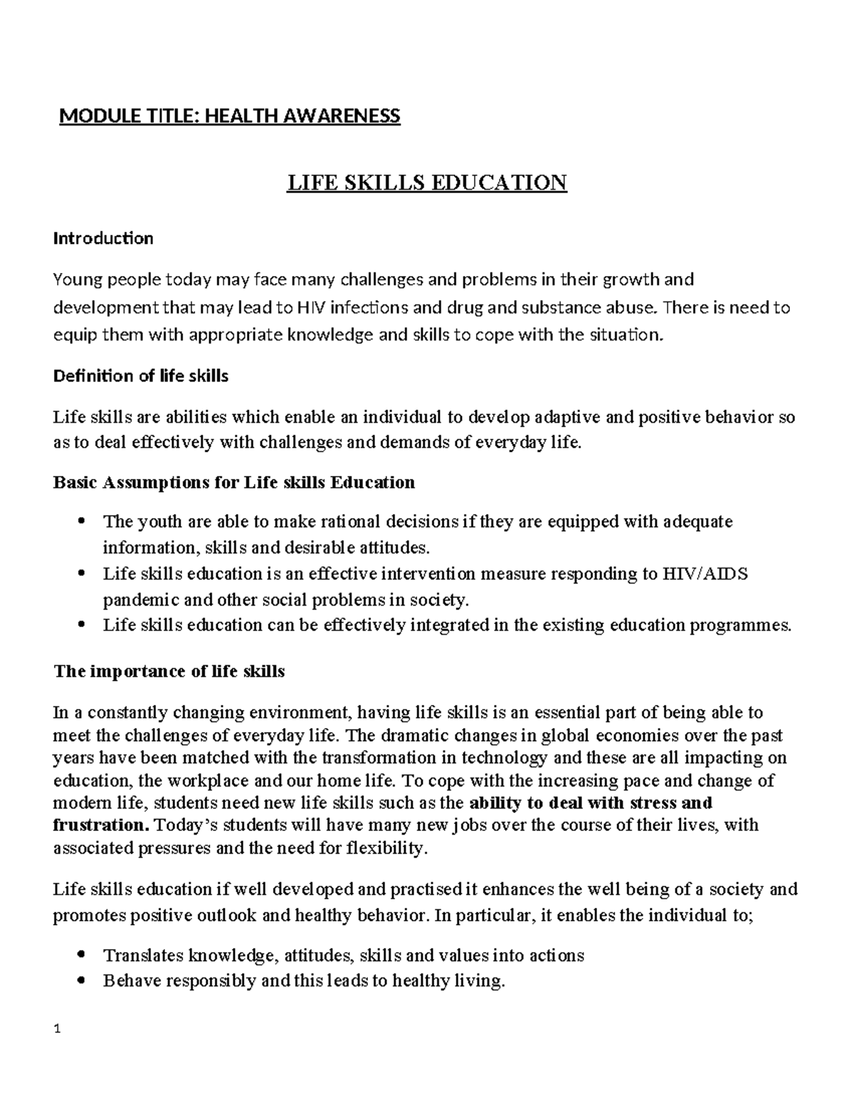 Lifeskills Handout (2) (1) pp - MODULE TITLE: HEALTH AWARENESS LIFE ...