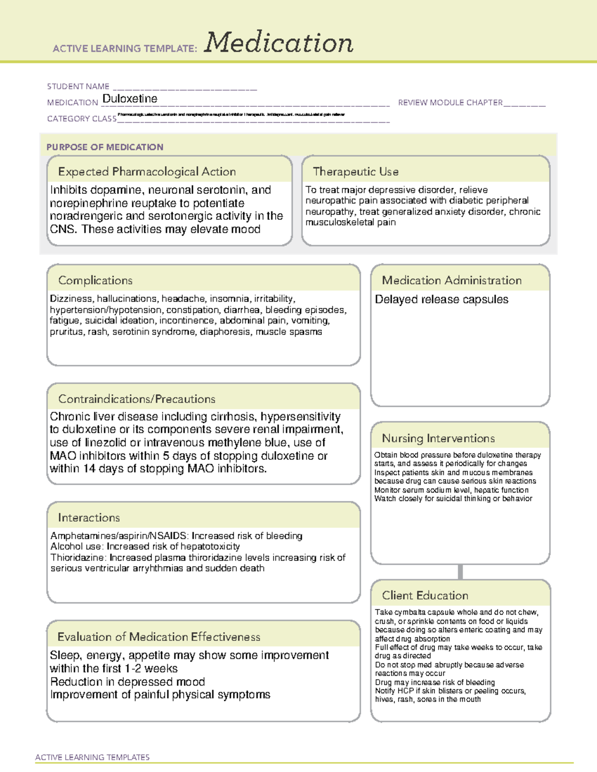 Duloxetine - ati - ACTIVE LEARNING TEMPLATES Medication STUDENT NAME ...