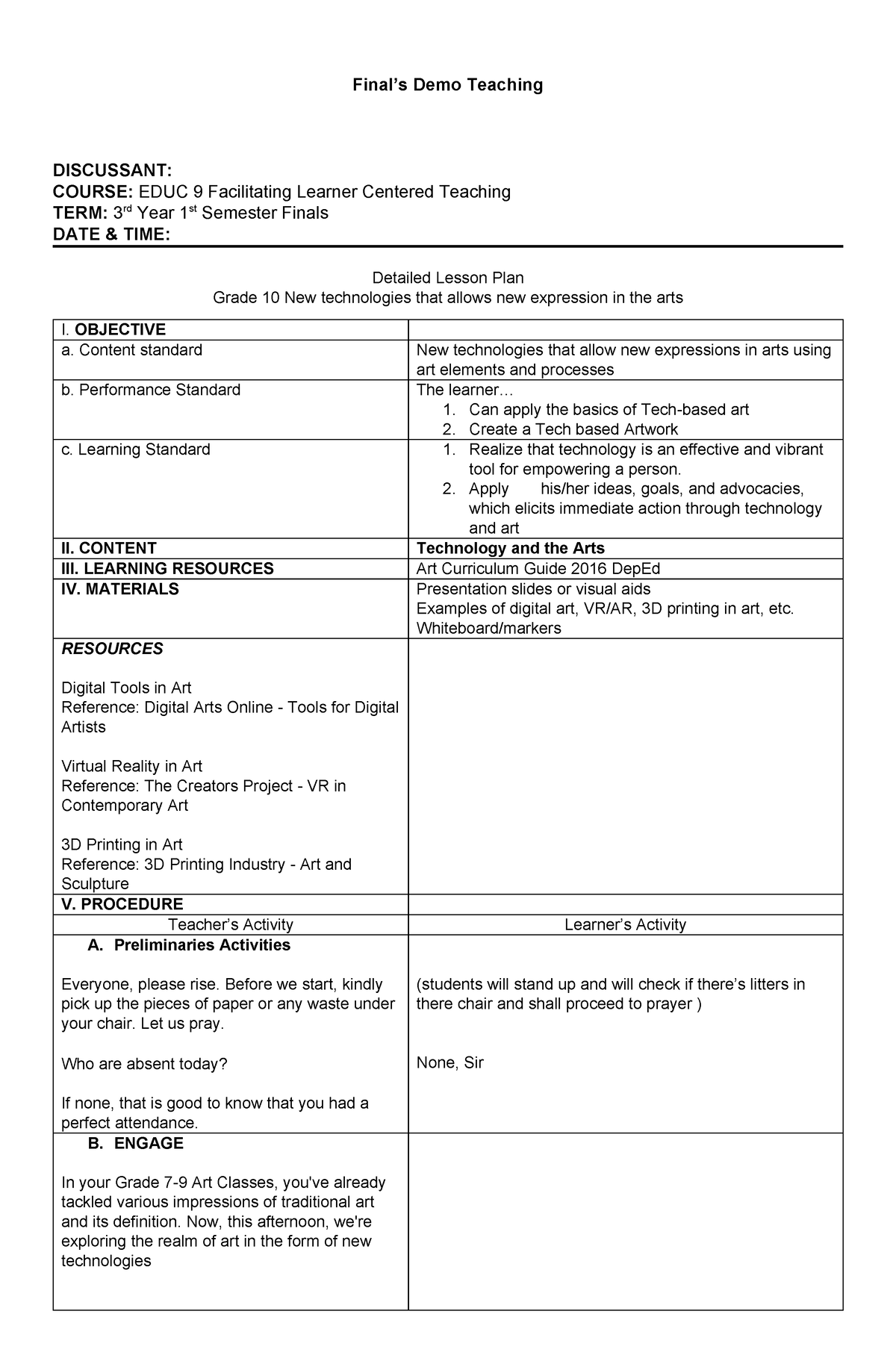 Lesson PLAN Mapeh - Final’s Demo Teaching DISCUSSANT: COURSE: EDUC 9 ...