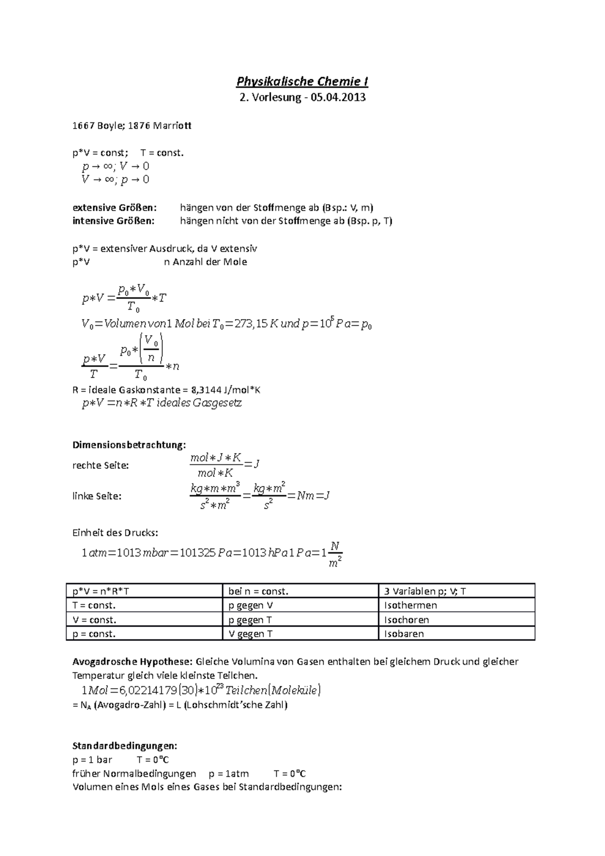 2. Vorlesung - Physikalische Chemie I Vorlesung - 05. 1667 Boyle; 1876 ...