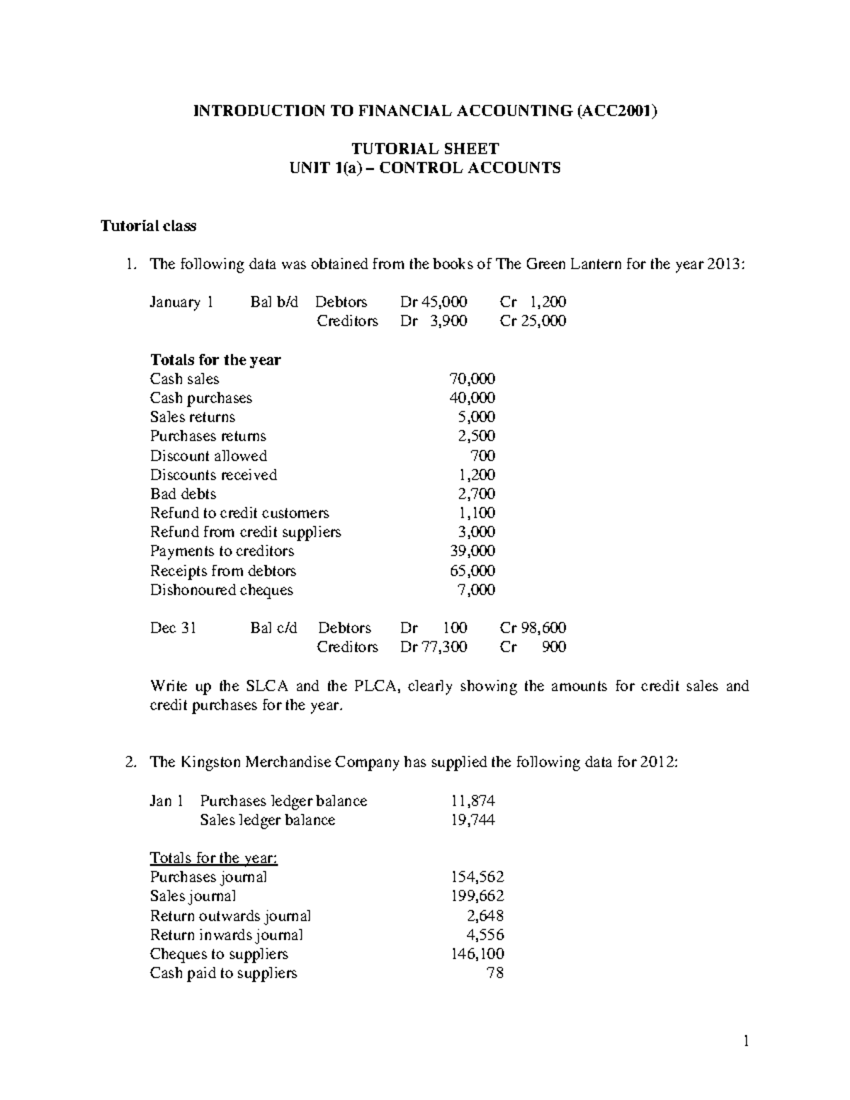 Unit 1(a) - Control accounts tutorial sheet - INTRODUCTION TO FINANCIAL ...