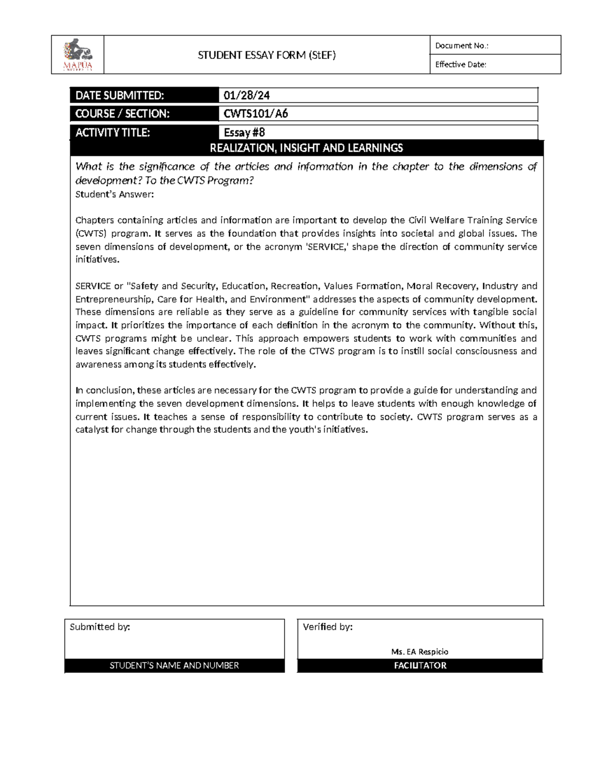 Essay 8 - cwts course reqs - STUDENT ESSAY FORM (StEF) Document No ...
