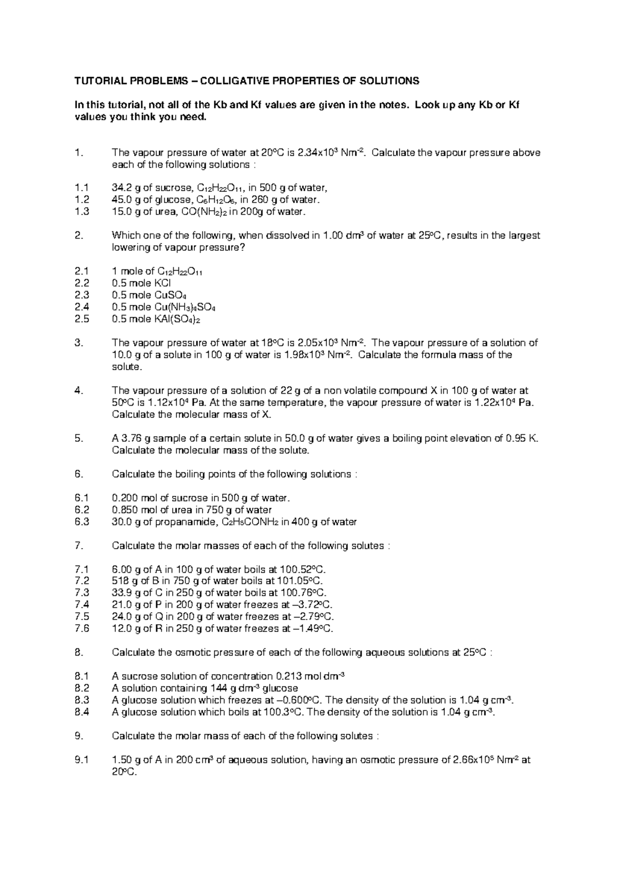 Tutorial - Coligative properties of solutions - TUTORIAL PROBLEMS ...