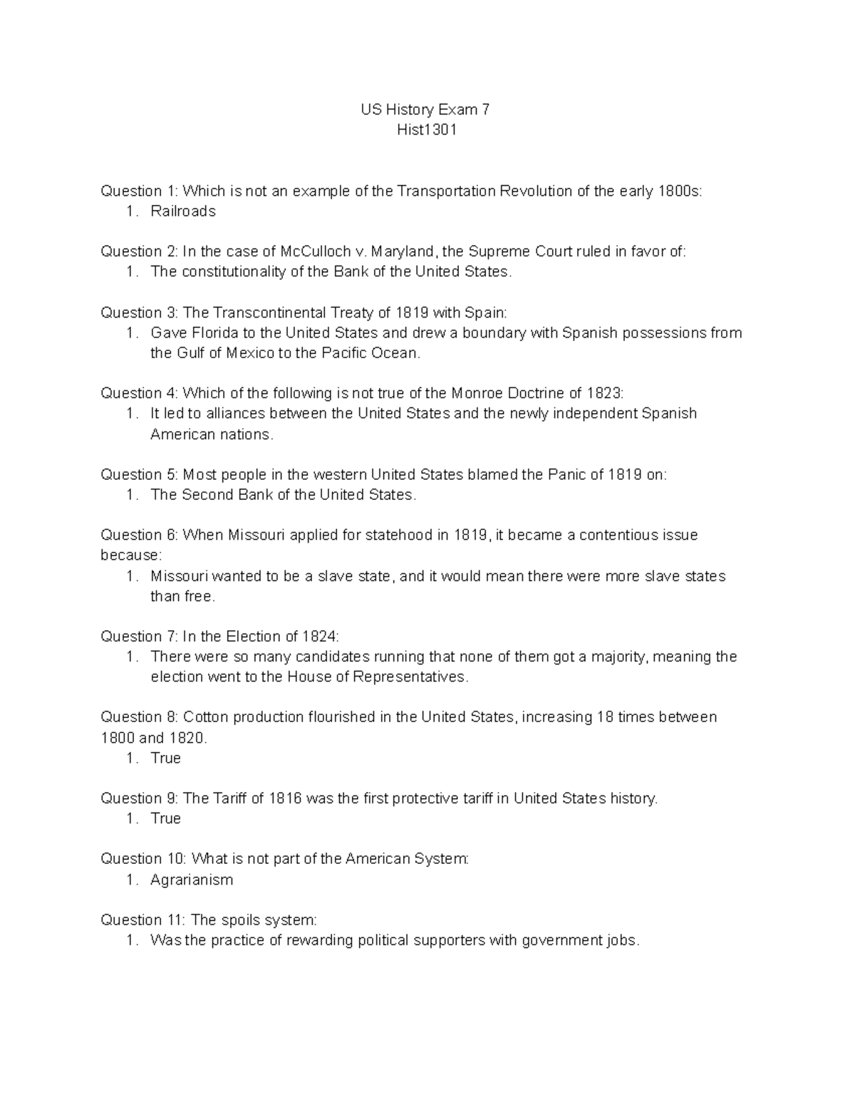 US History Exam 7 - Railroads Question 2: In the case of McCulloch v ...