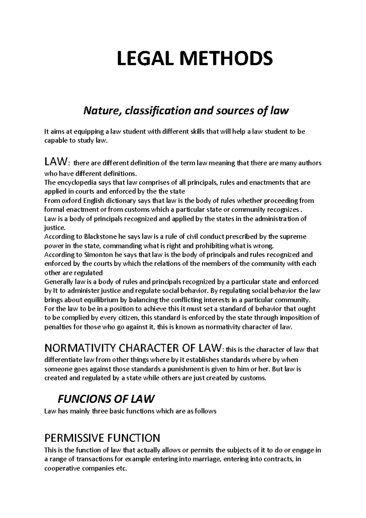Legal Method Notes - LEGAL METHOD AND INTRODUCTION TO LEGAL SYSTEM ...