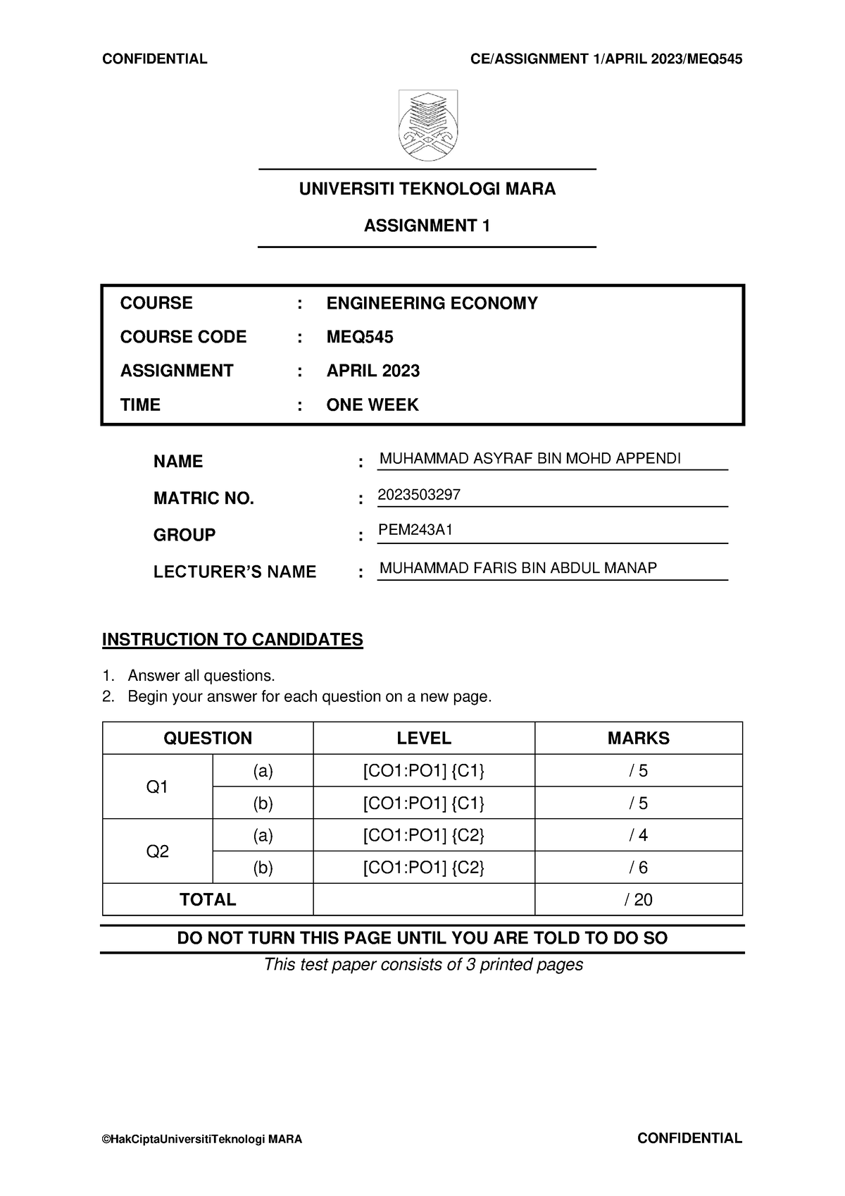 Assignmenteco 1 - ASsignmant 1 - CONFIDENTIAL CE/ASSIGNMENT 1/APRIL ...