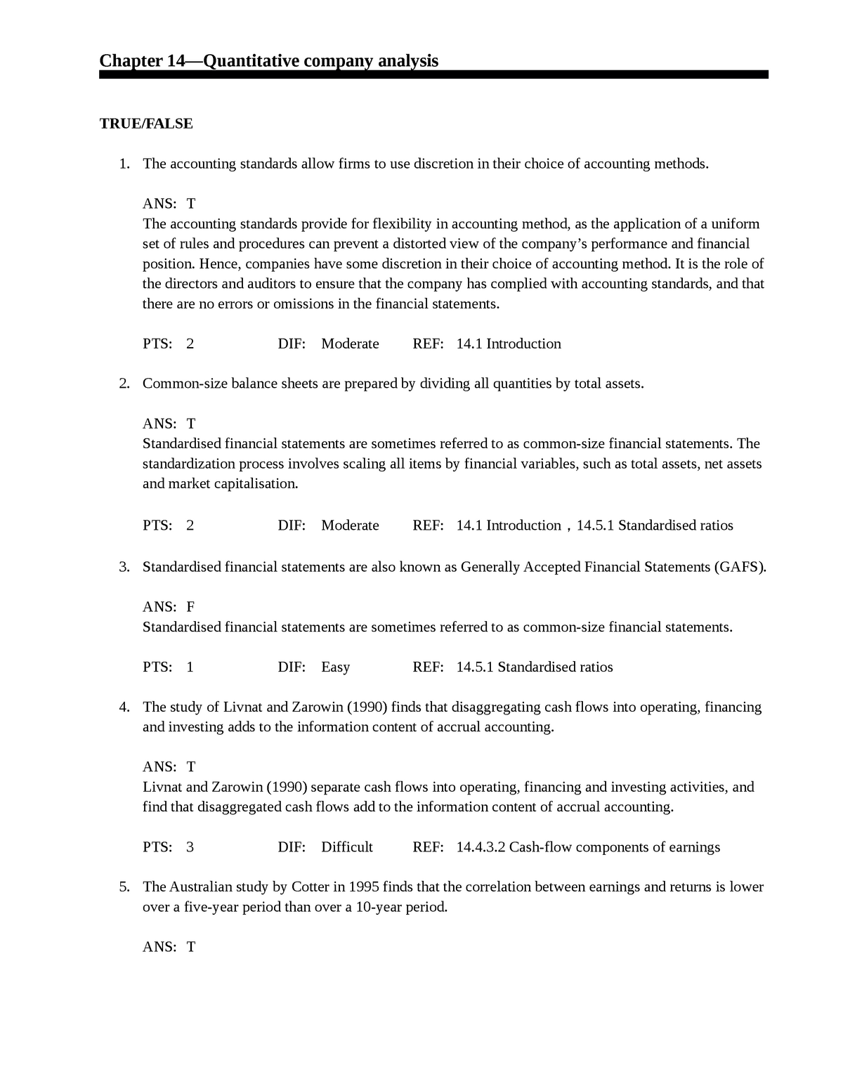 INVESTMENT LESSON - CHAP 14 - Chapter 14—Quantitative company analysis ...