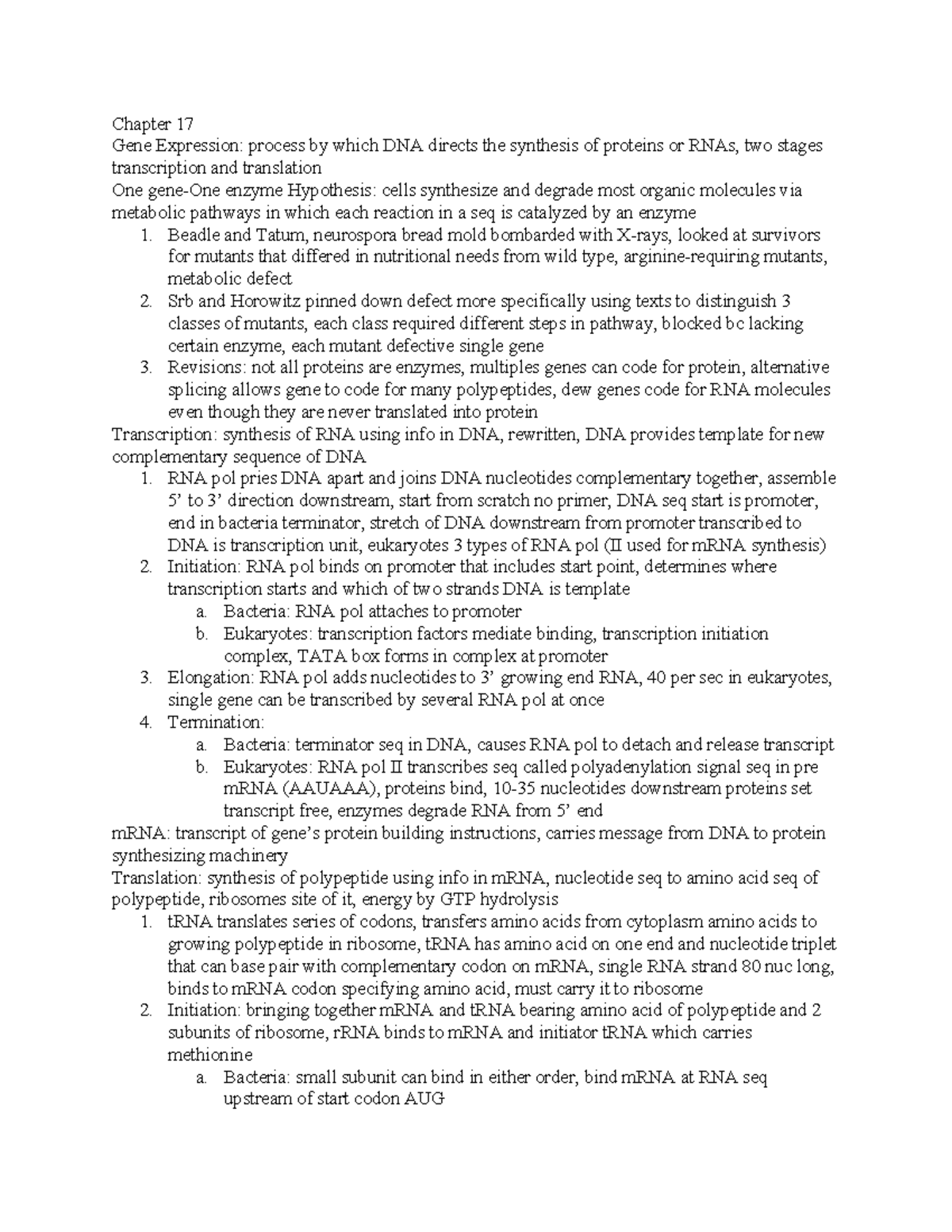 Test #4 - Lecture notes fourth test - Chapter 17 Gene Expression ...
