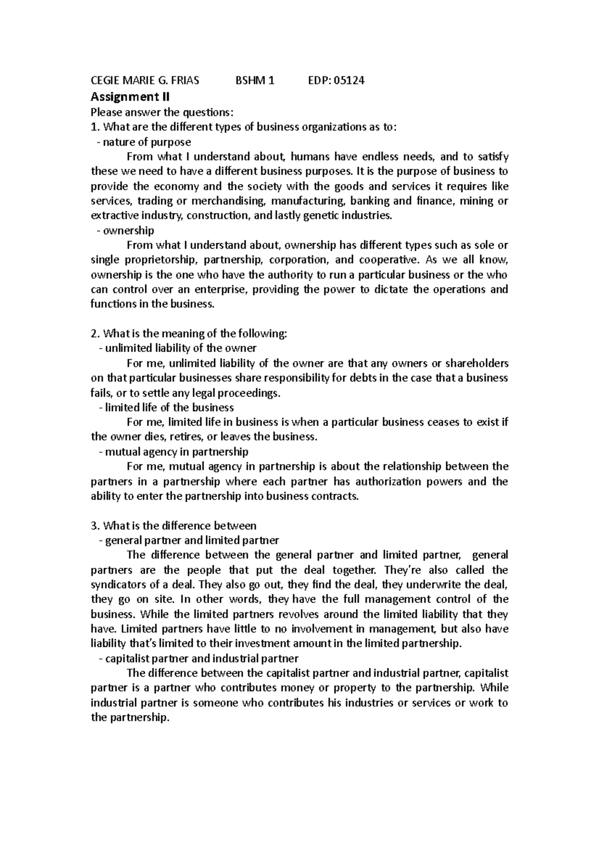 Frias Assignment Ll Elements Of Finance CEGIE MARIE G FRIAS BSHM 