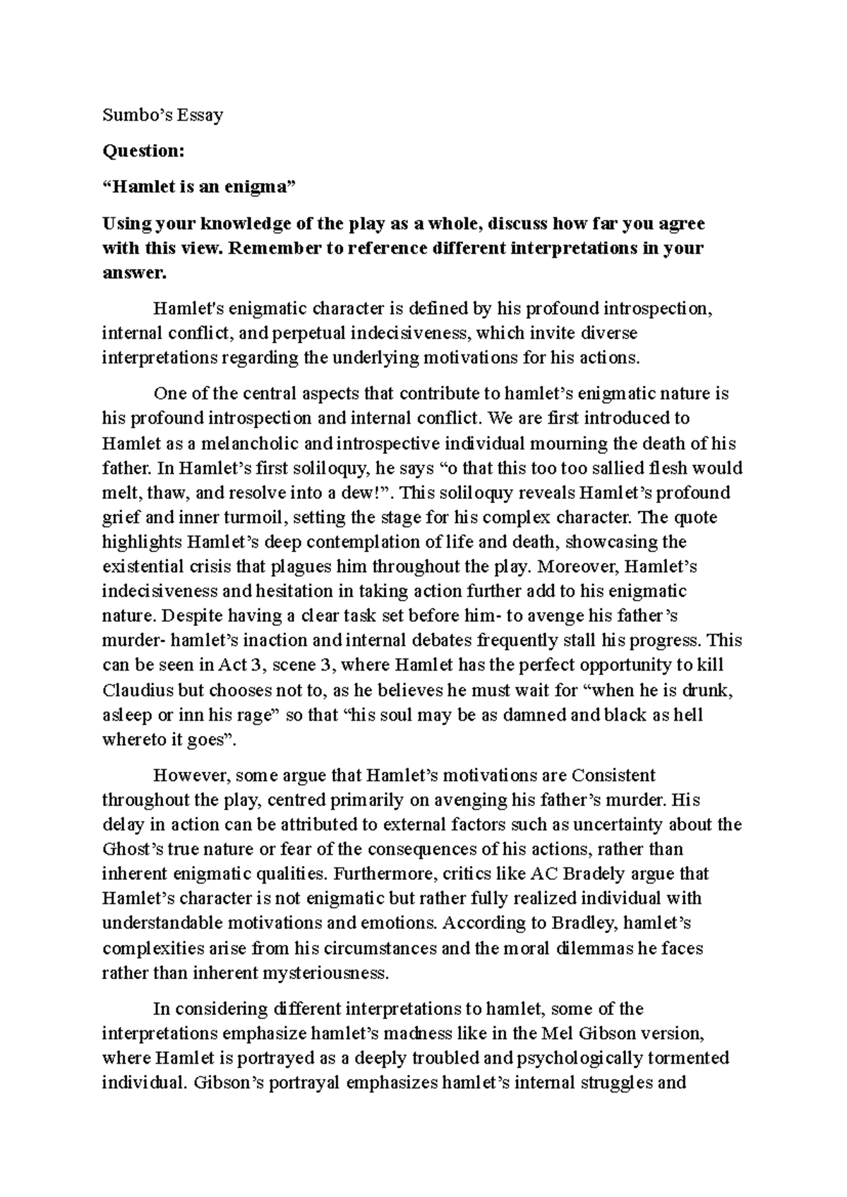 Hamlet as an enigma - notes - Sumbo’s Essay Question: “Hamlet is an ...