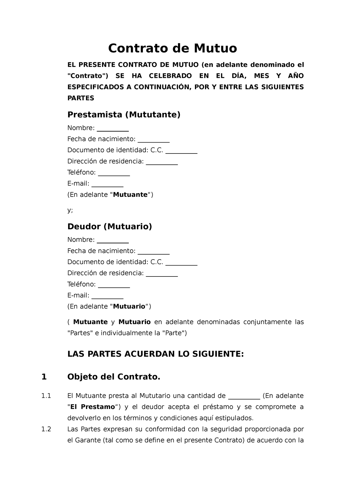 Contrato De Prestamo Mutuo - Contrato De Mutuo EL PRESENTE CONTRATO DE ...