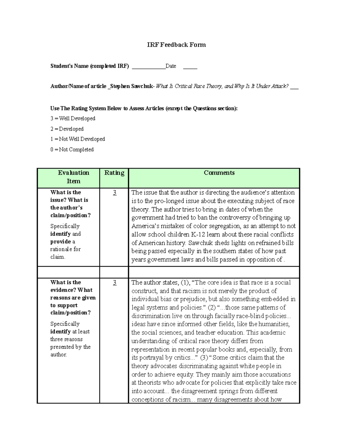 IRF Form #6 - A form you complete based on the class article of the ...