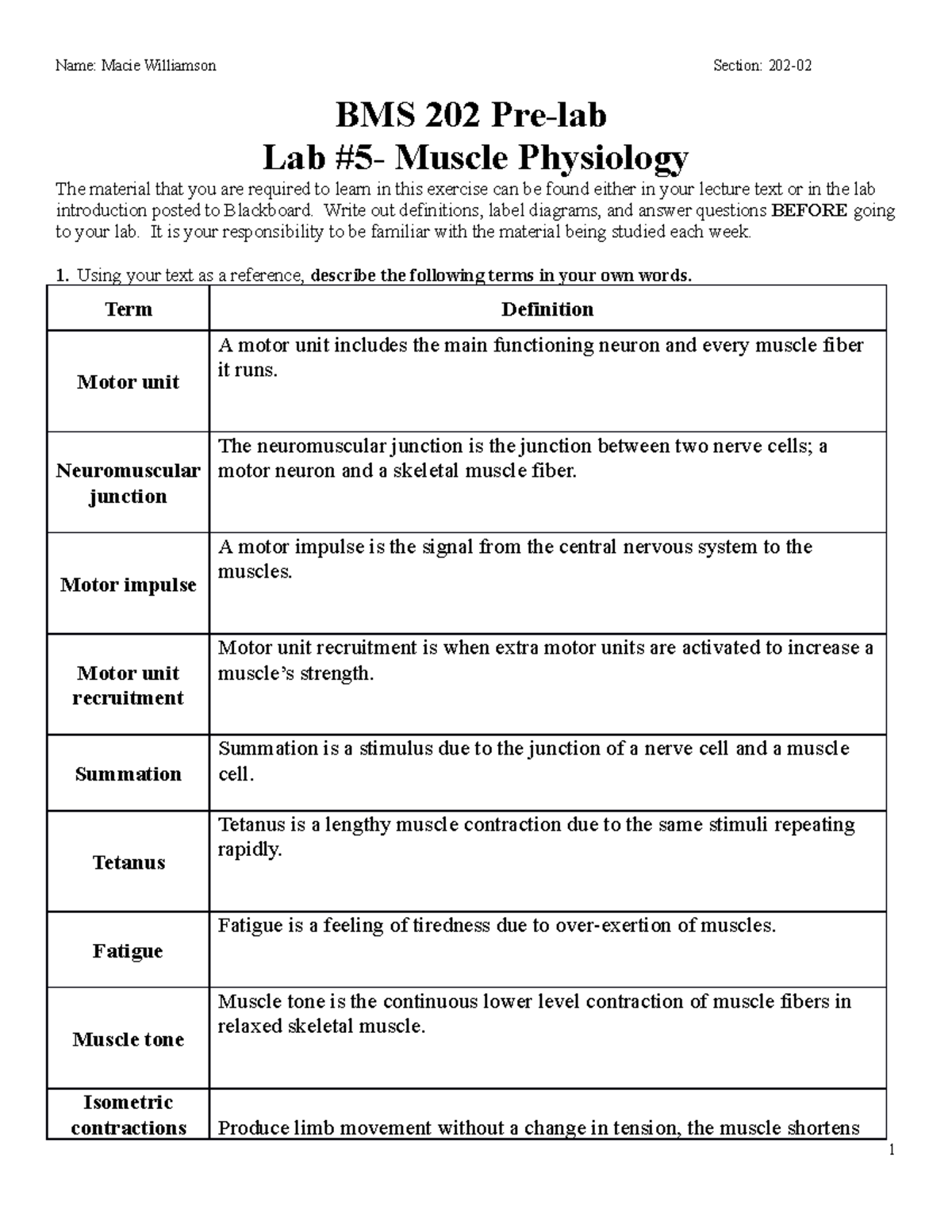 Pre Lab For Lab 5 Muscle Physiology Bms 202 Pre Lab Lab 5 Muscle