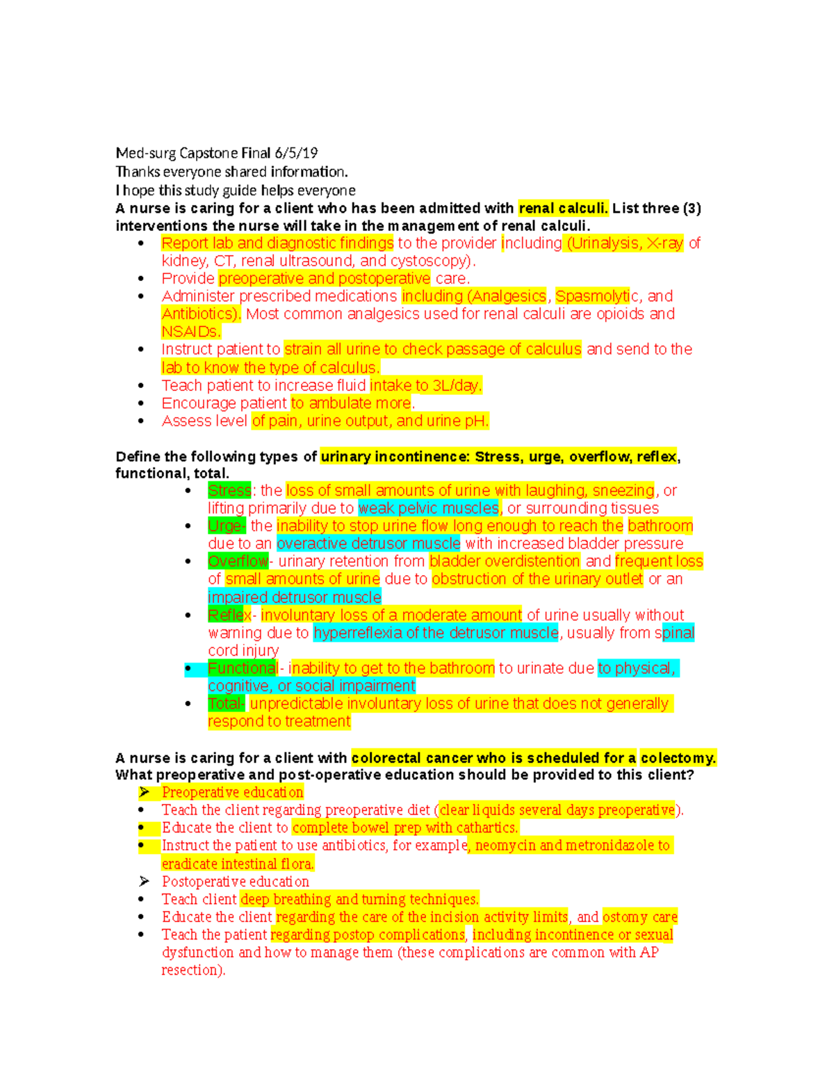 MED SURG Final Study Guide Medsurg Capstone Final 6/5/ Thanks
