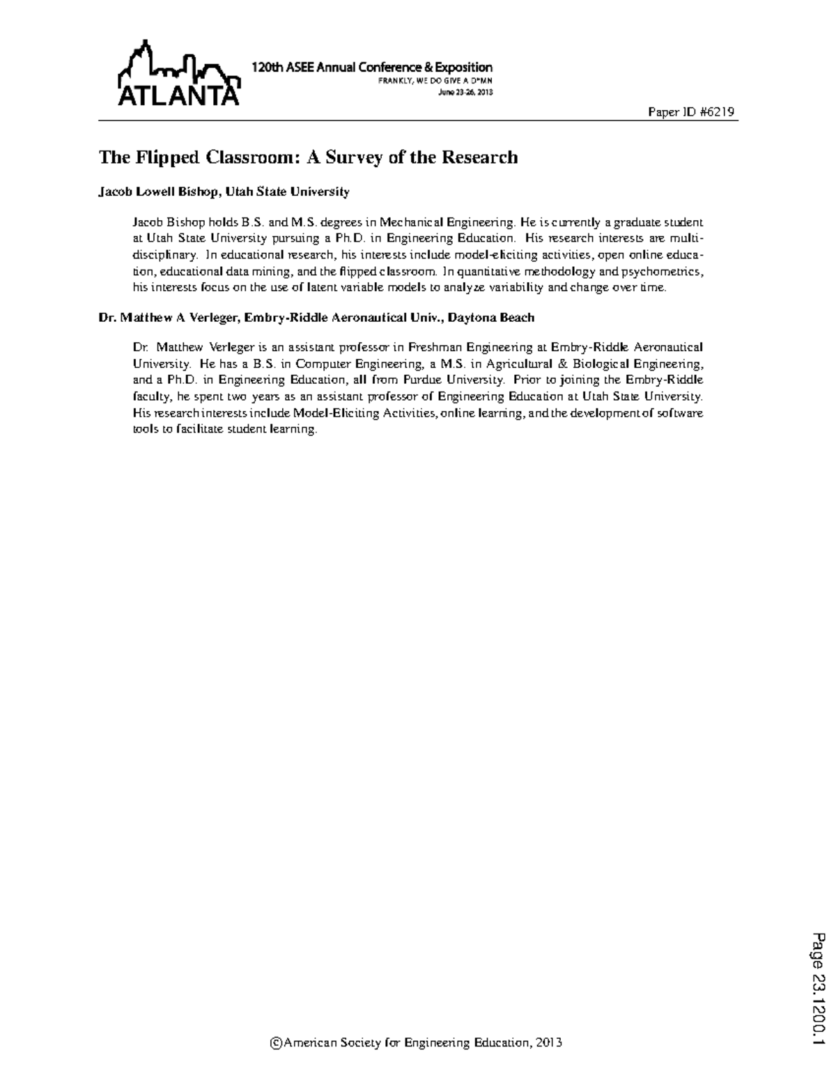 The flipped classroom a survey of the research Paper ID The Flipped