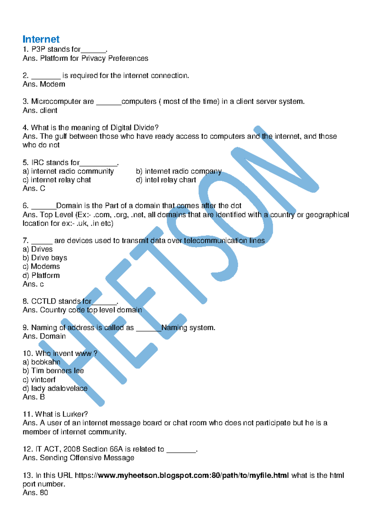 Internet MCQ Questions and answers - Internet P3P stands for______. Ans ...