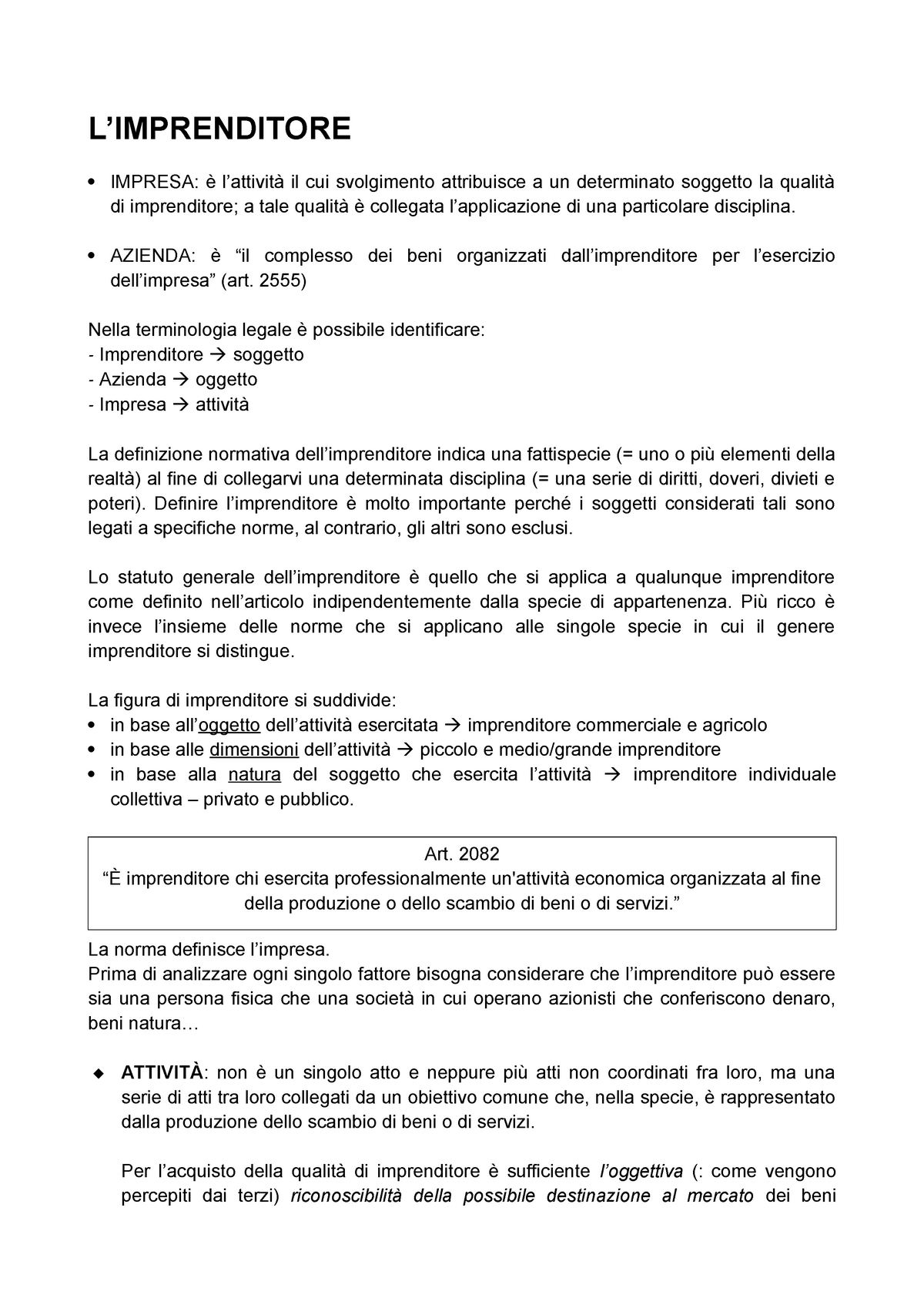 Diritto commerciale - Riassunto sulla figura dell'imprenditore