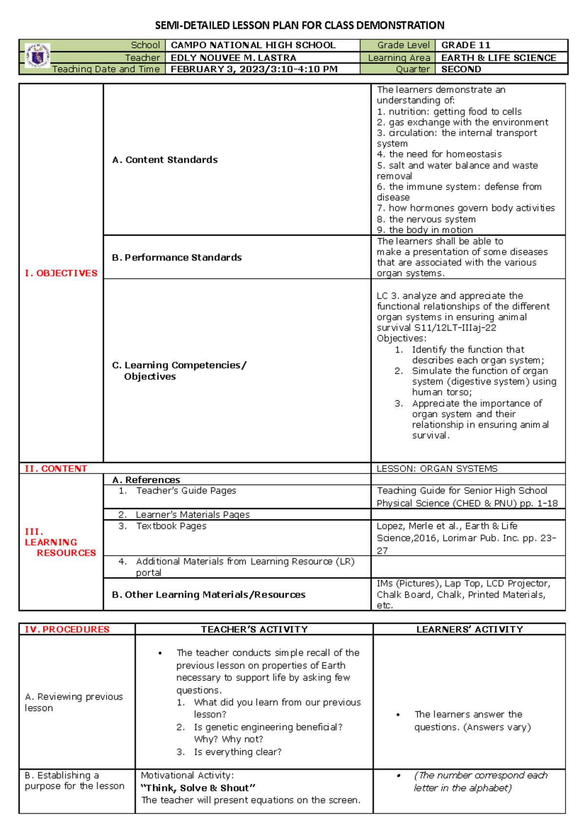 DLP2 Template FOR Class DEMO - SEMI-DETAILED LESSON PLAN FOR CLASS ...