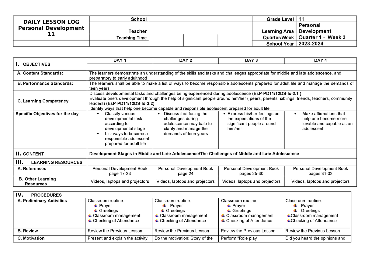 DLL-Q1-W3 - DAILY LESSON LOG - DAILY LESSON LOG Personal Development 11 ...