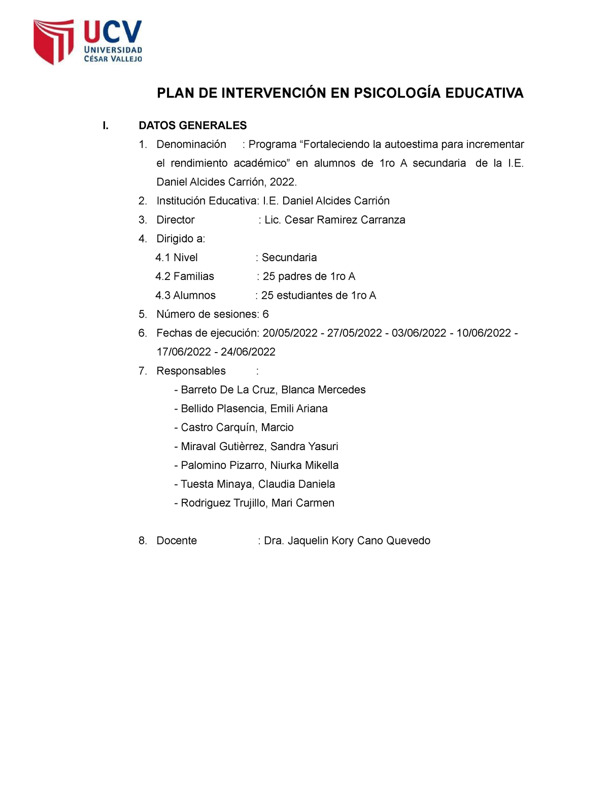 Plan De Intervención Grupo 04 Plan De IntervenciÓn En PsicologÍa Educativa I Datos 6227