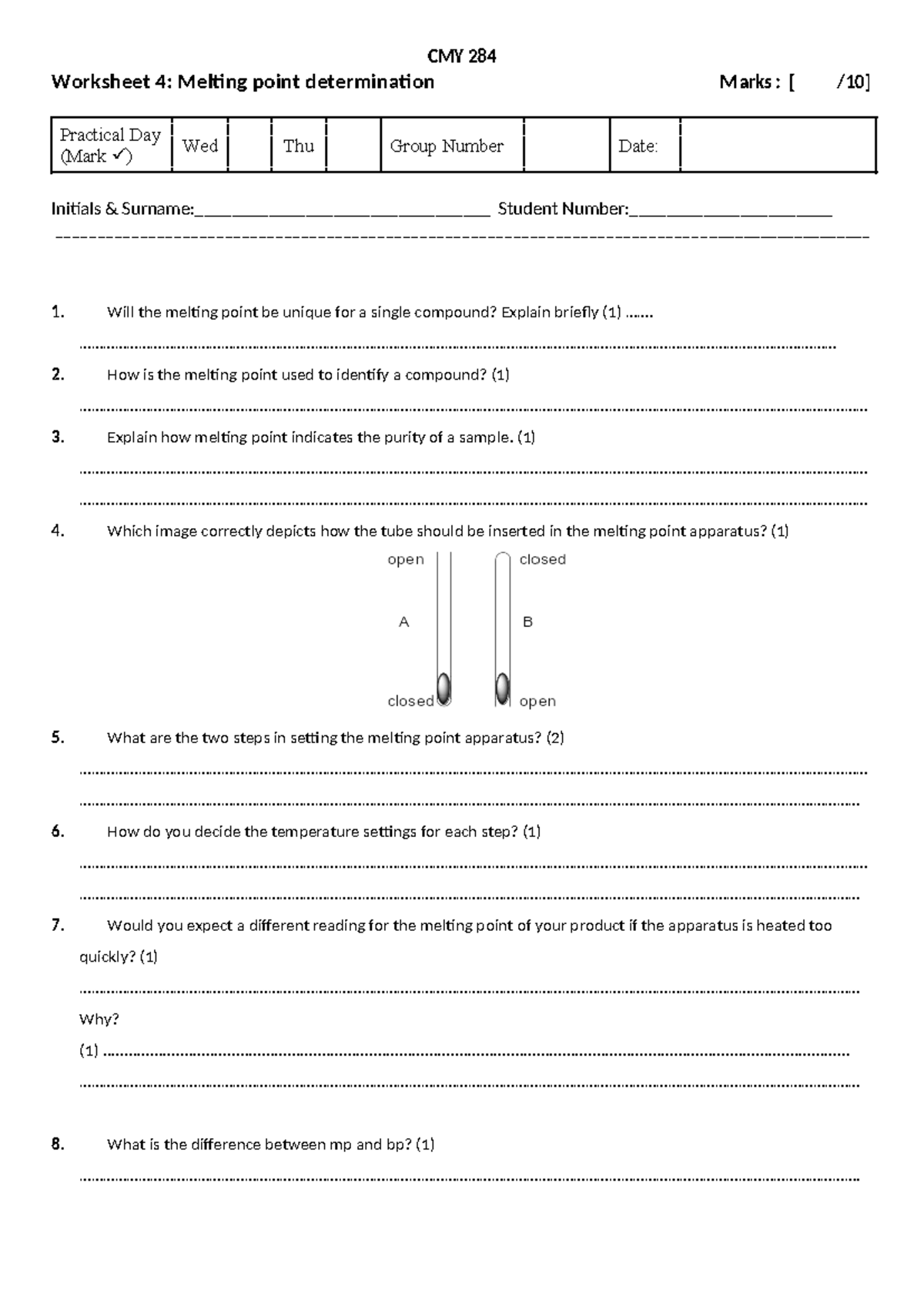 Prac 1 Melting point worksheet 4 - CMY 284 Worksheet 4: Melting point ...