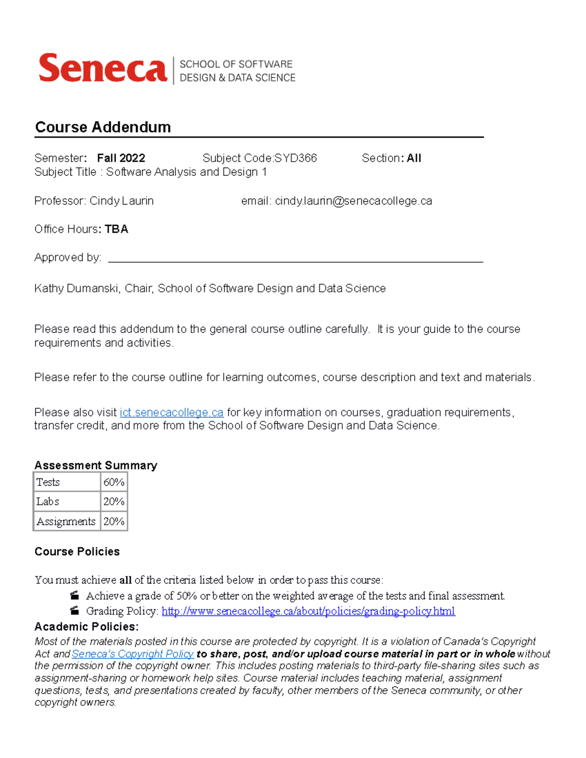SYD366 Cindy Laurin - .......wfewg - Course Addendum Semester: Fall ...