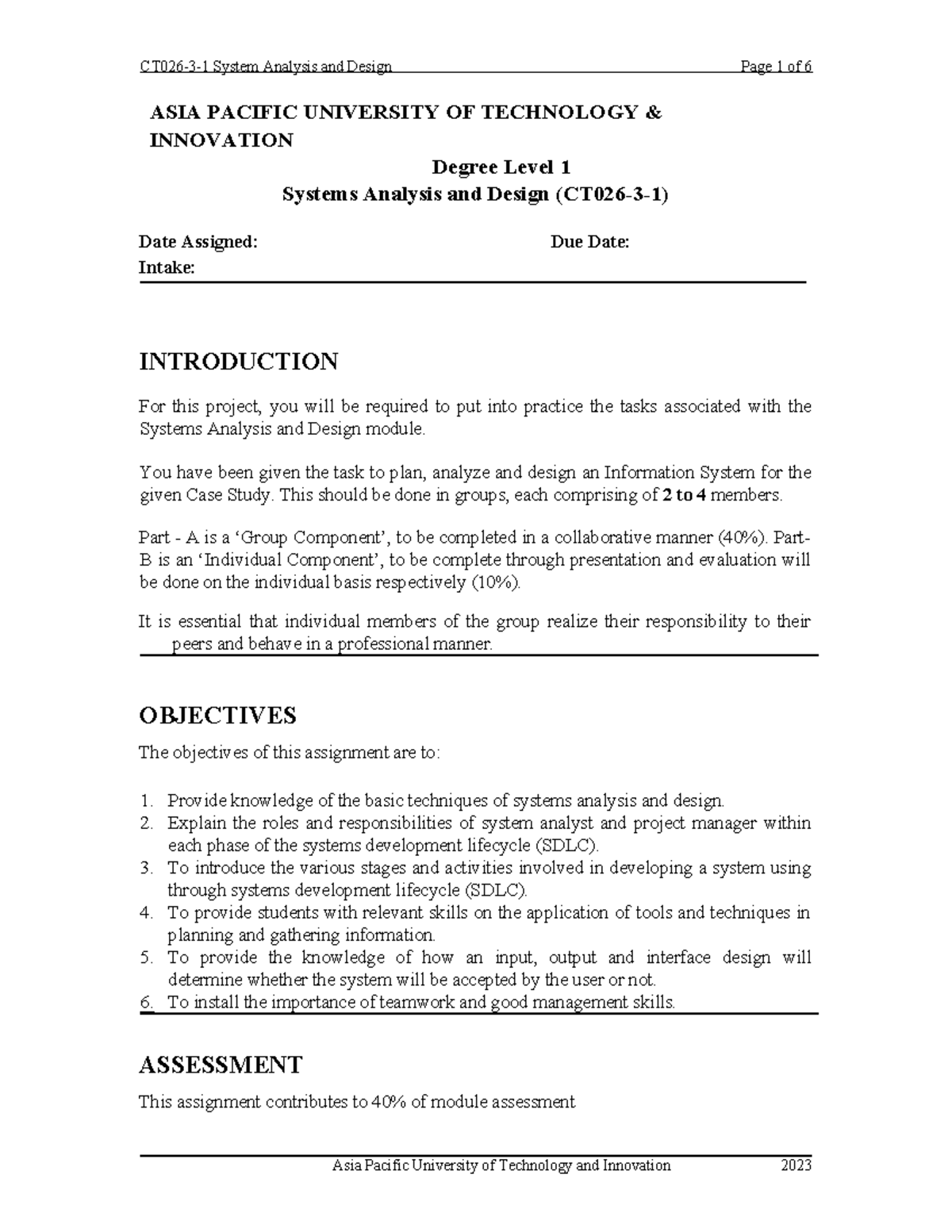 Assignment question - ASIA PACIFIC UNIVERSITY OF TECHNOLOGY ...