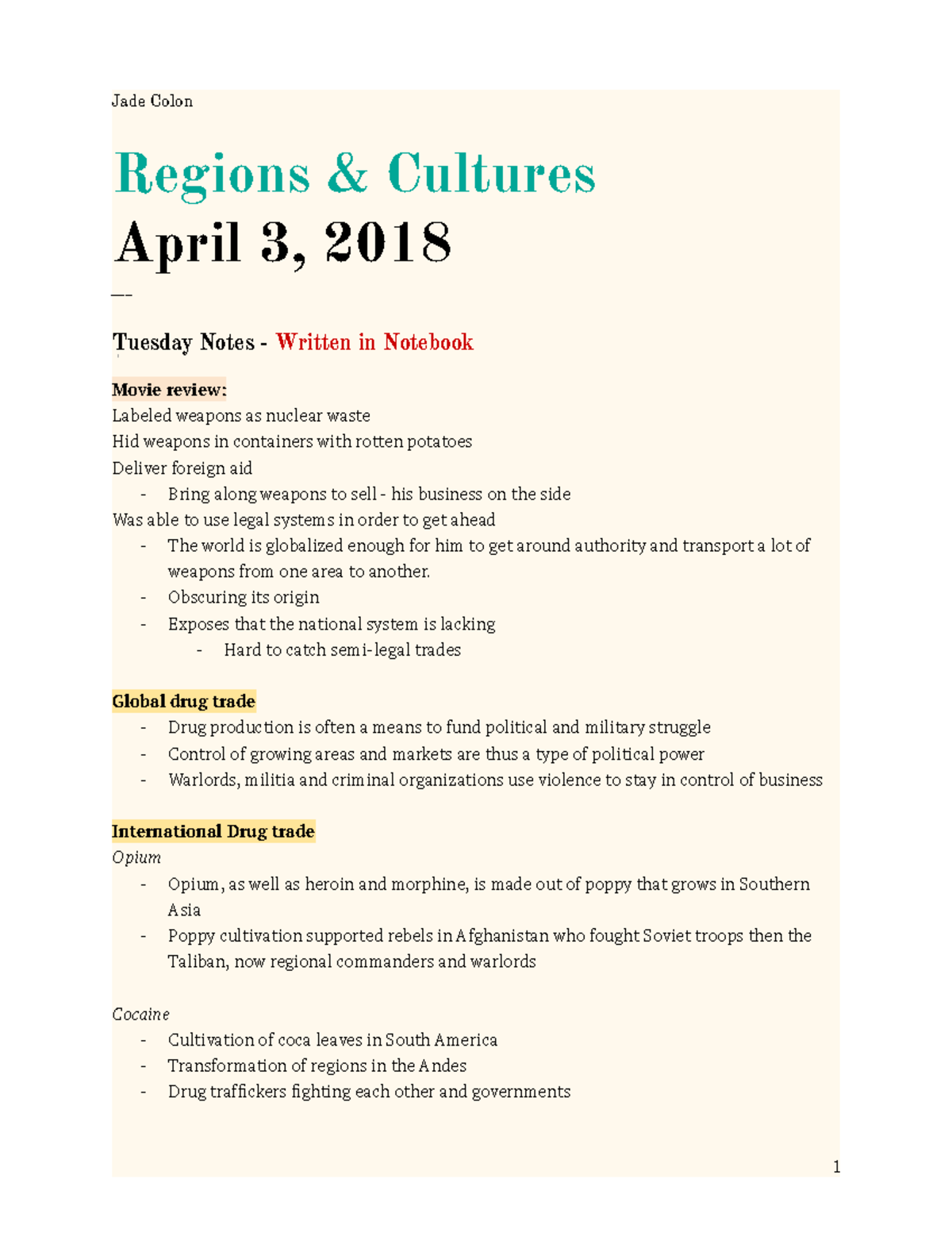 Regions and Cultures notes - Jade Colon Regions & Cultures April 3 ...