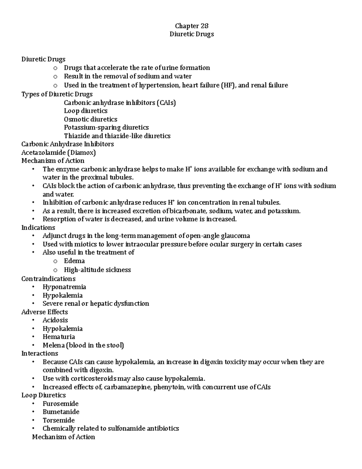 Pharmacology Diuretics Handout - Chapter 28 Diuretic Drugs Diuretic ...